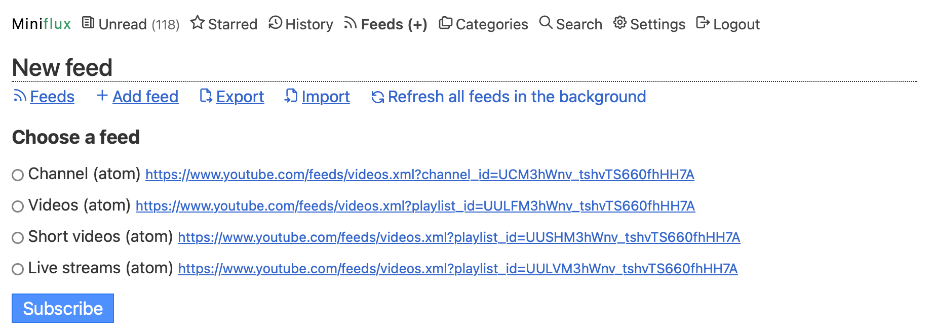 Print da lista de opções de feeds na inscrição em um canal do YouTube.