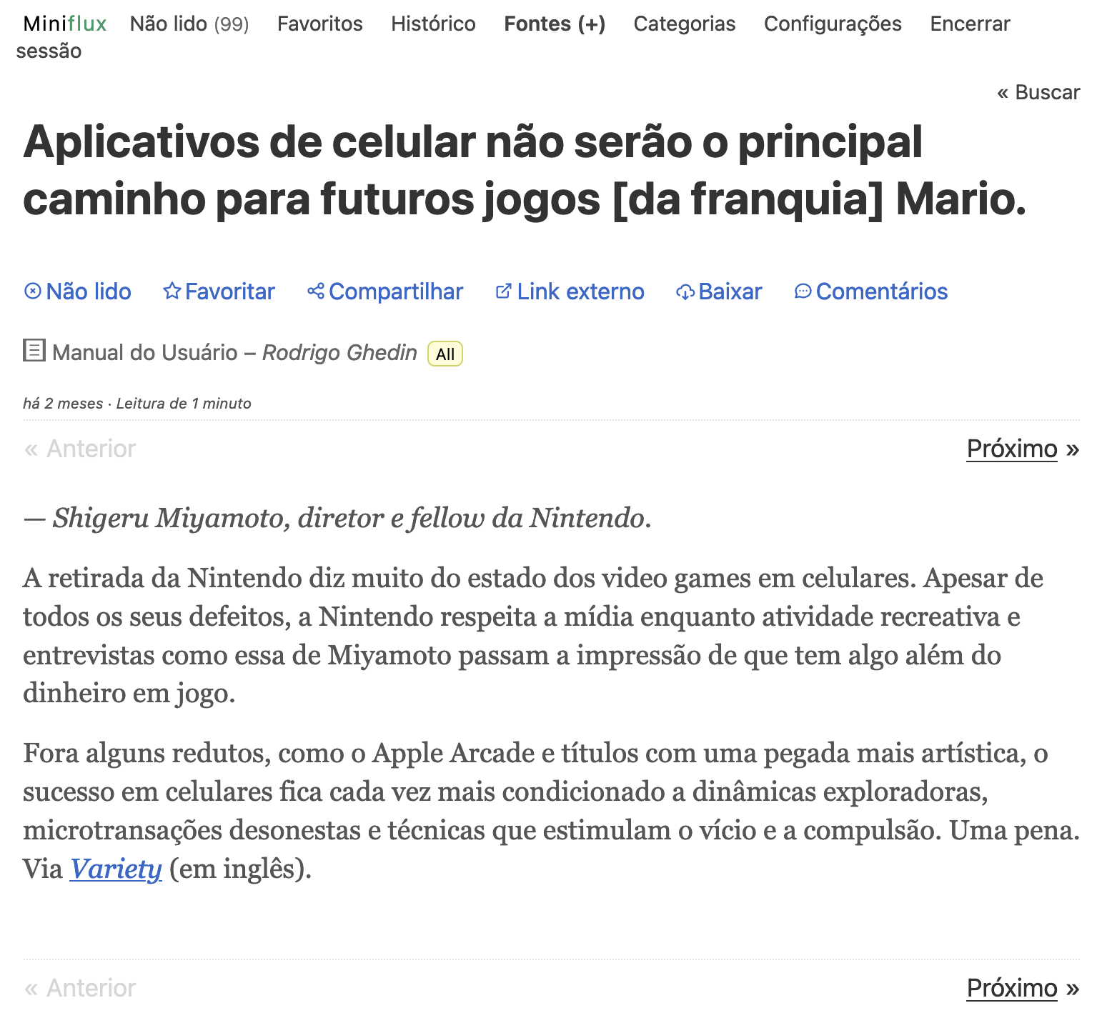 Item/post do Manual do Usuário aberto no Miniflux.