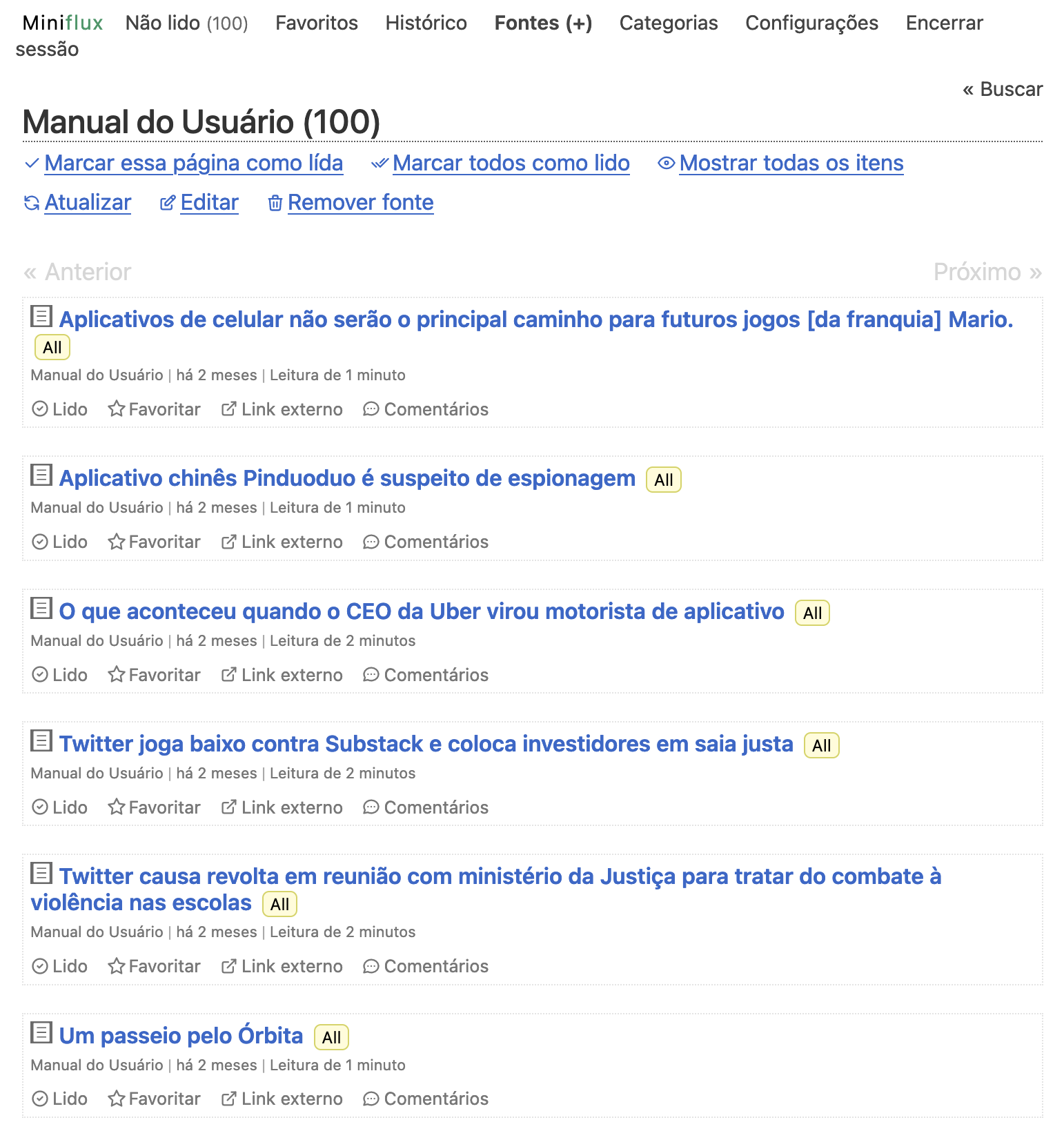 Tela com itens do feed do Manual do Usuário no Miniflux.