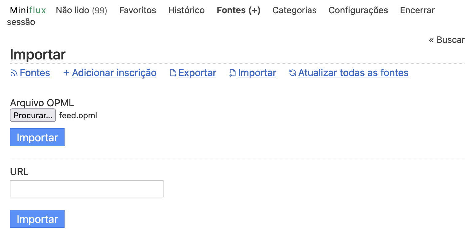 Tela de importação de feeds via arquivo OPML no Miniflux.