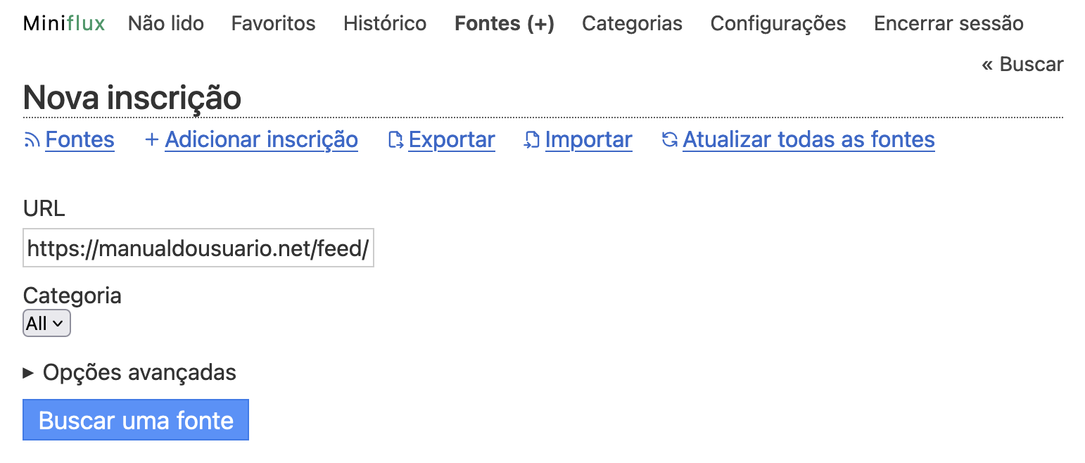 Tela de cadastro de novo feed no Miniflux.